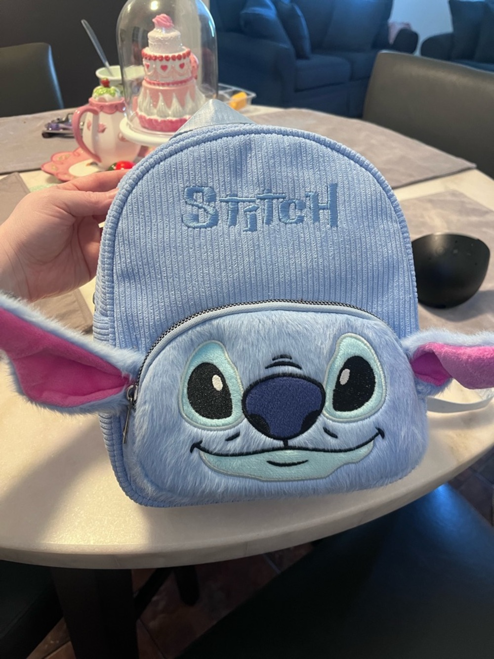 Disney Blue Stitch Plush Kids Backpack with Pink Ear Accents